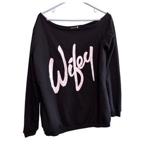 Wifey Graphic Sweatshirt Womens XL Black Off Shoulder Long Sleeve Pullover